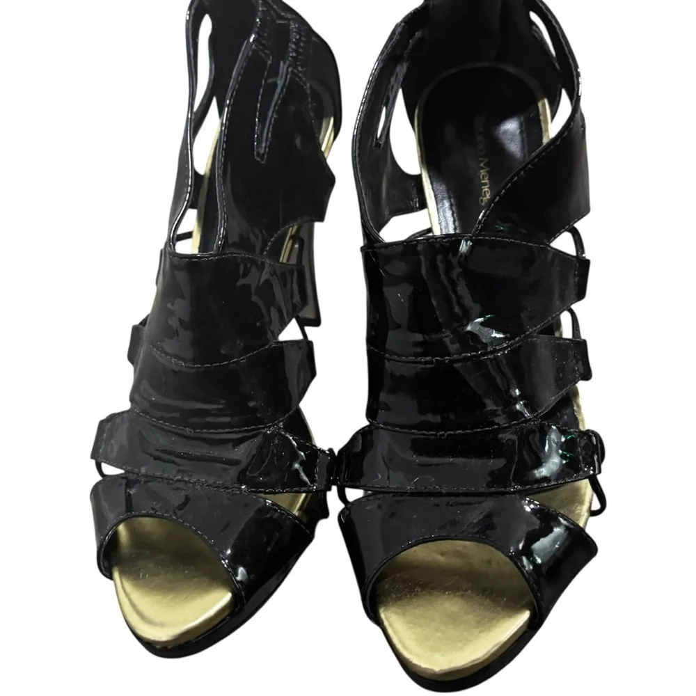 Bruno Menegatti Black Patant Leather cut out stiletto‎ 4.5in high heel sandals 9